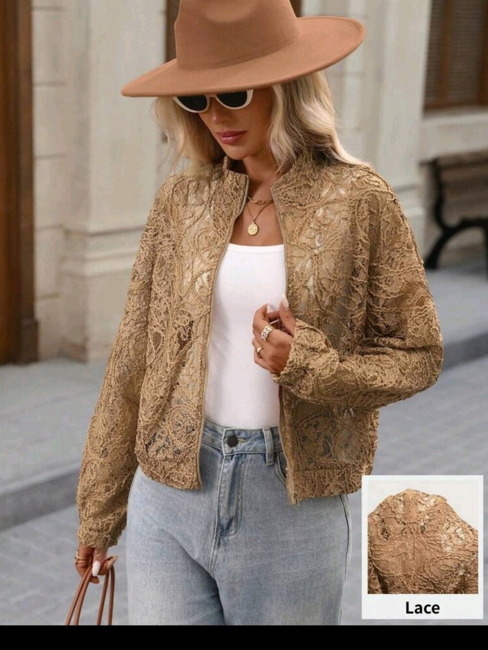 Women's Lace Overlay Zip-Up Jacket - Camel - Picture 6 of 9